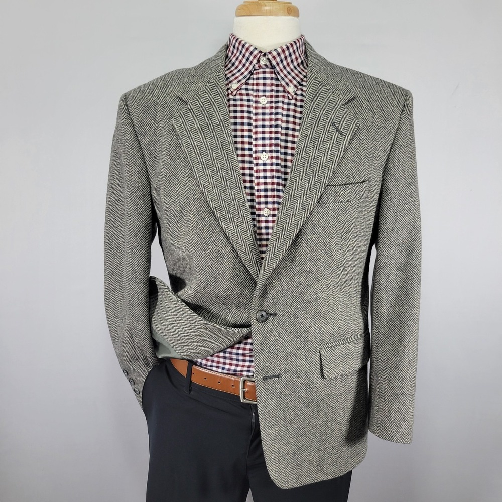 John Alexander Mens Tweed Sport Coat Blazer Two Button Gray Herringbone Wool 40S